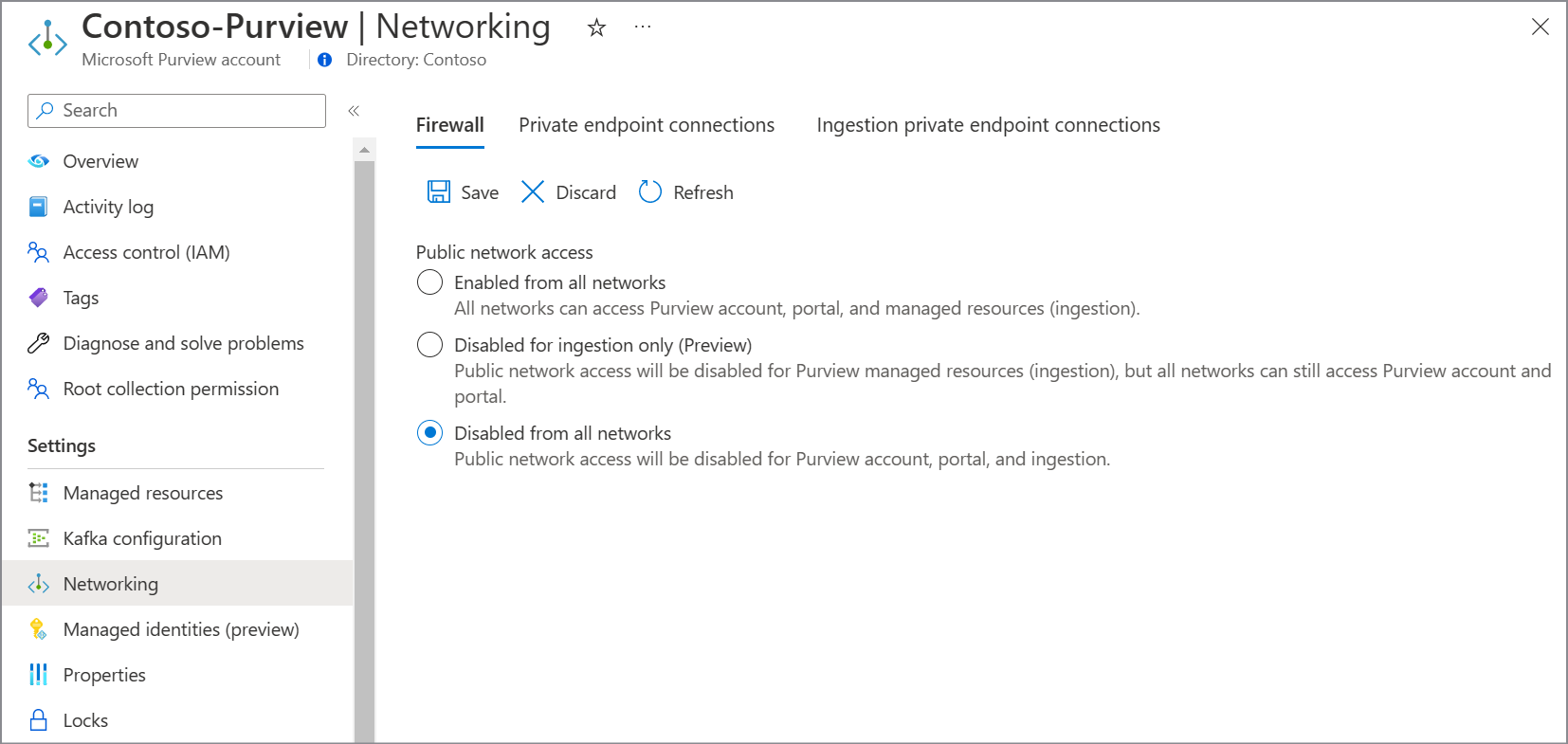 Captura de pantalla que muestra la configuración del firewall del punto de conexión privado.