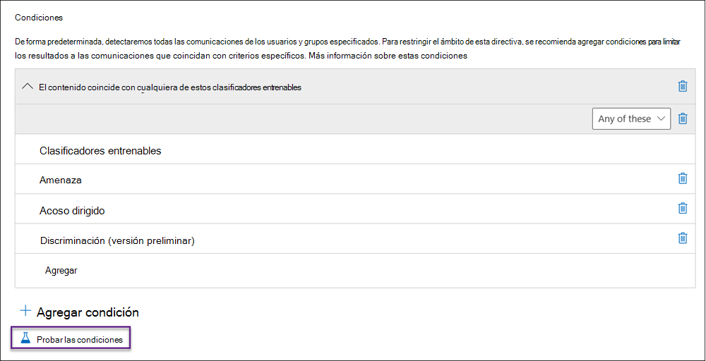 Condiciones de prueba de cumplimiento de comunicaciones.