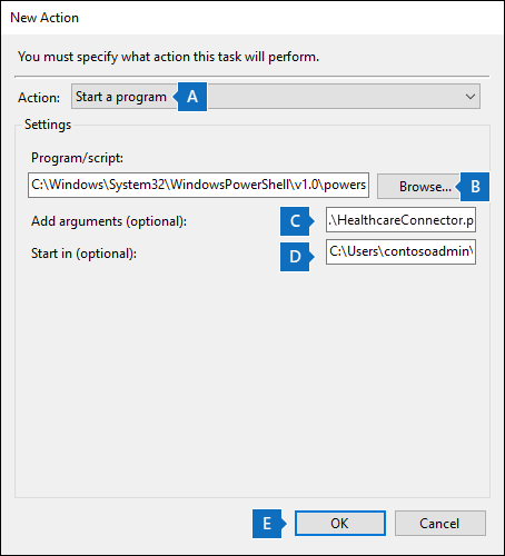 Configuración de acción para crear una nueva tarea programada para el script del conector de atención sanitaria.