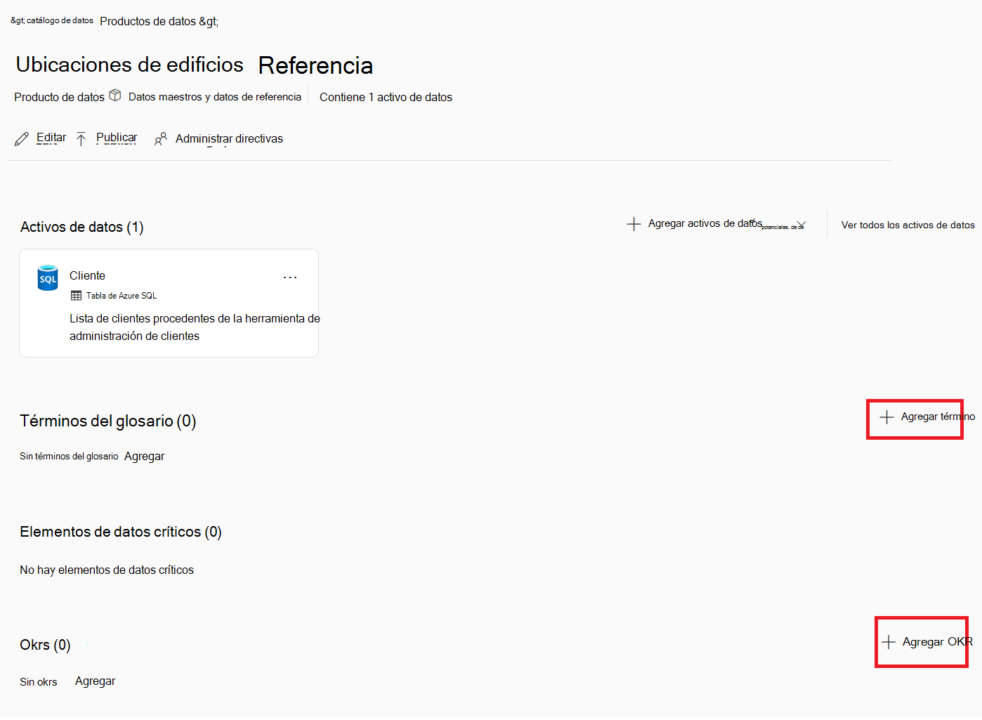 Screenshot of a data product detail page with the buttons to add OKRs and Glossary terms highlighted.