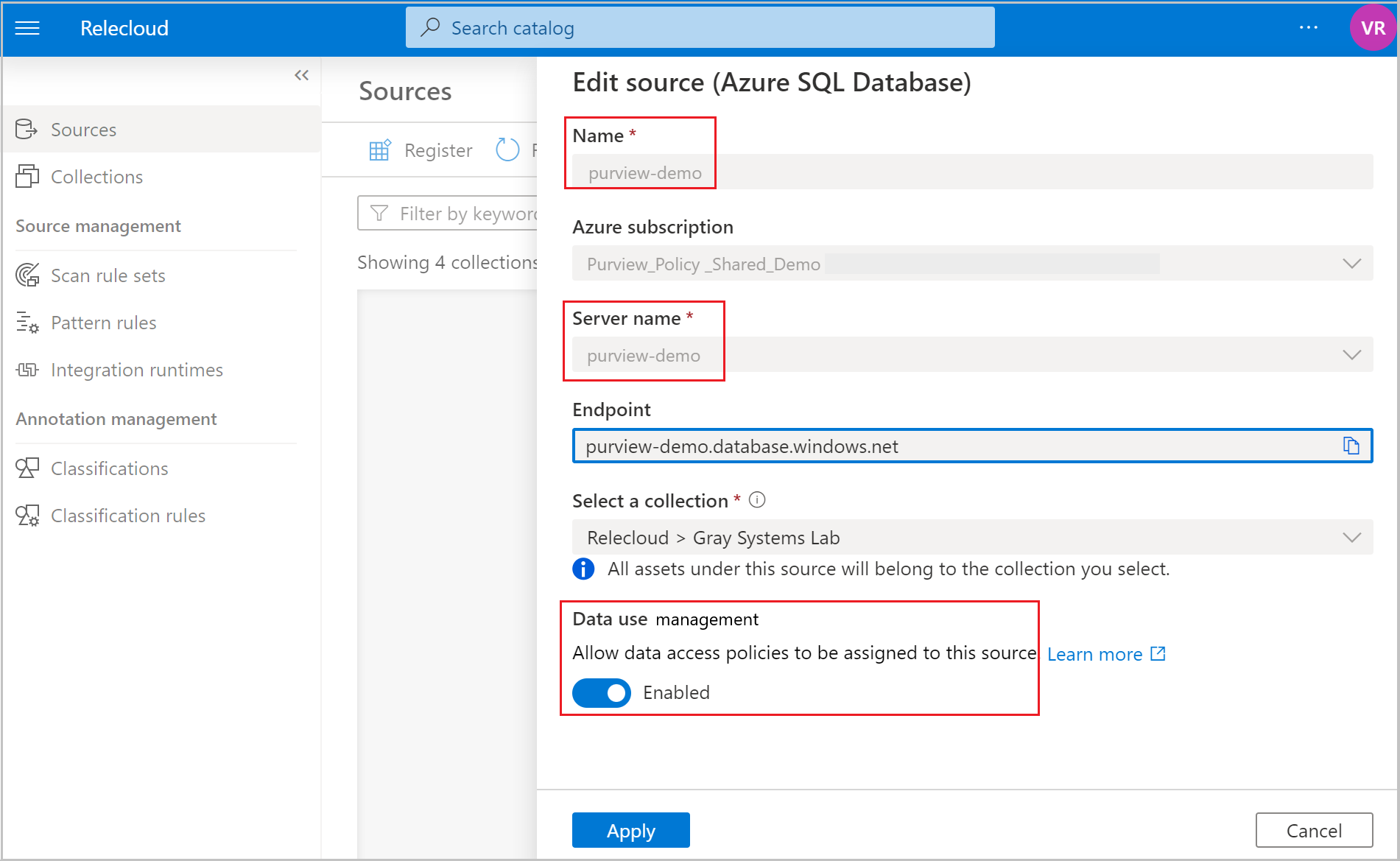 Captura de pantalla que muestra el panel para registrar un origen de datos para una directiva, incluidas las áreas de nombre, nombre del servidor y administración del uso de datos.