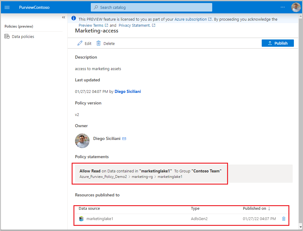 Captura de pantalla que muestra una directiva de propietario de datos de ejemplo que da acceso a una cuenta de Azure Storage.