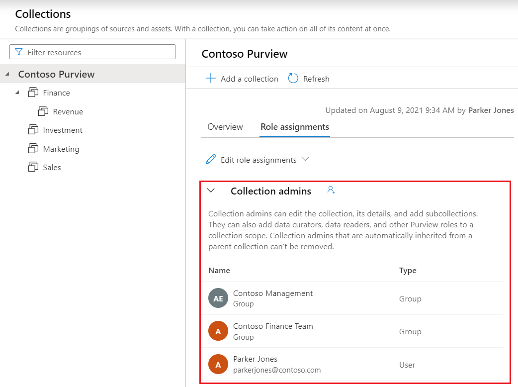 Captura de pantalla de la ventana del portal de gobernanza de Microsoft Purview, abierta en el mapa de datos, con la sección administrador de recopilación resaltada.