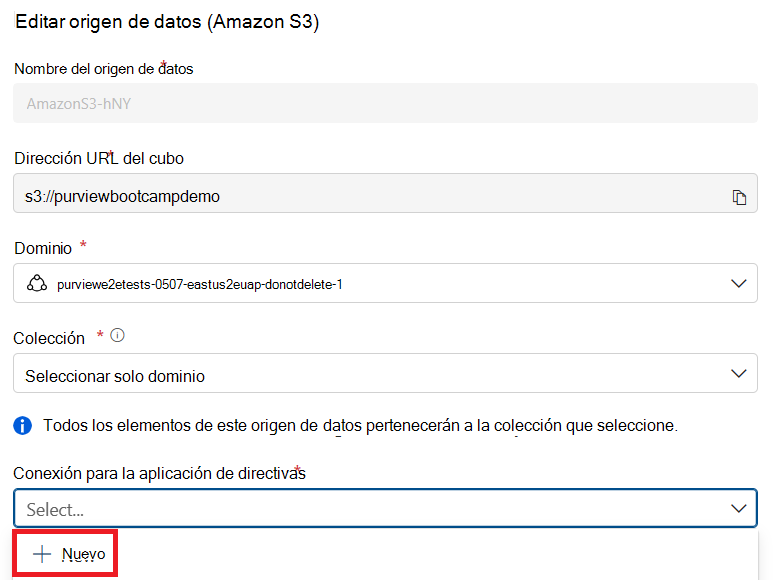 Screenshot of the Amazon edit data source page with the connection for policy enforcement selected, and the + New button highlighted.