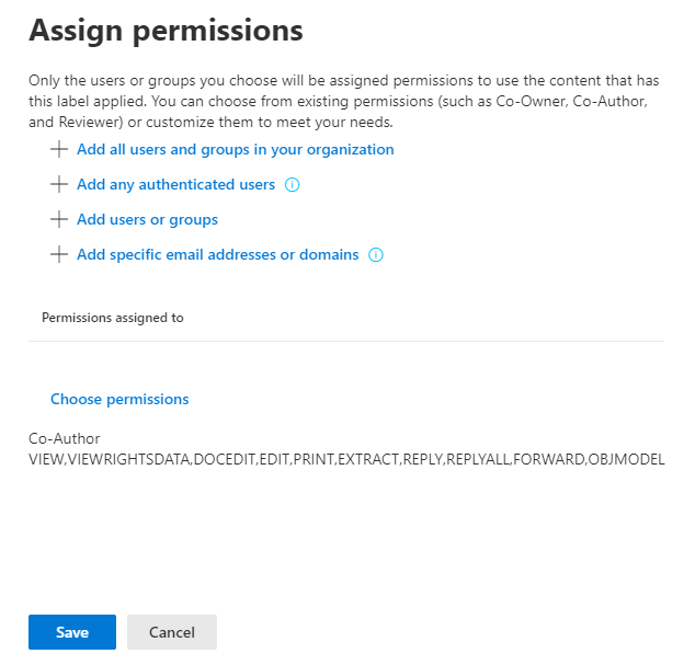 Opciones de cifrado para asignar permisos a los usuarios.