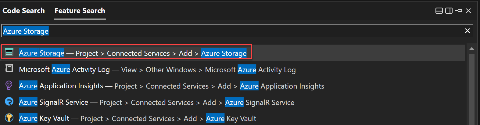 Captura de pantalla del uso de Feature Search para buscar Azure Storage.