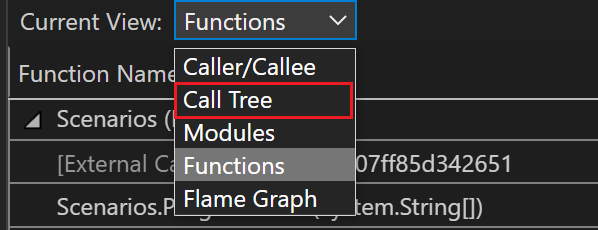 Captura de pantalla que muestra Mostrar en el árbol de llamadas.