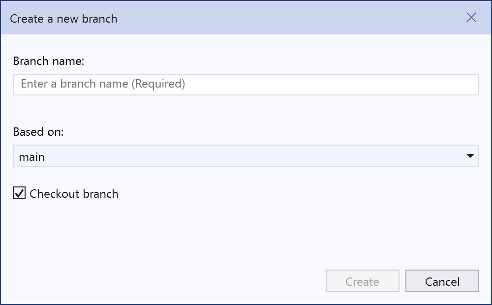 The Create a New Branch dialog box in Visual Studio 