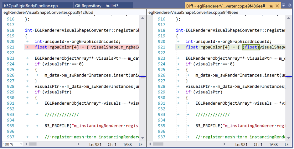 The line-by-line comparison of file versions in Visual Studio 