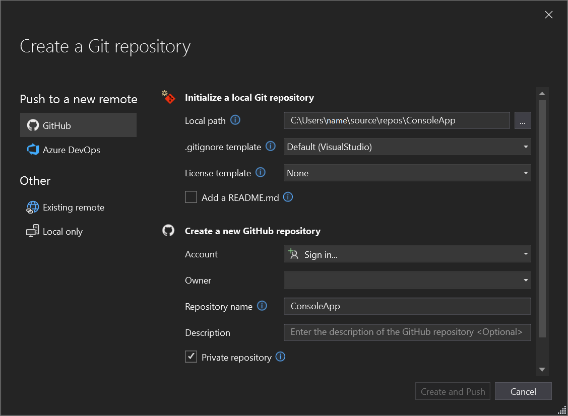 Screenshot of the Create a Git Repository dialog box in Visual Studio.