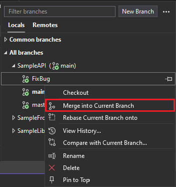 Captura de pantalla de la funcionalidad del selector de ramas en la ventana de herramientas Cambios de Git.