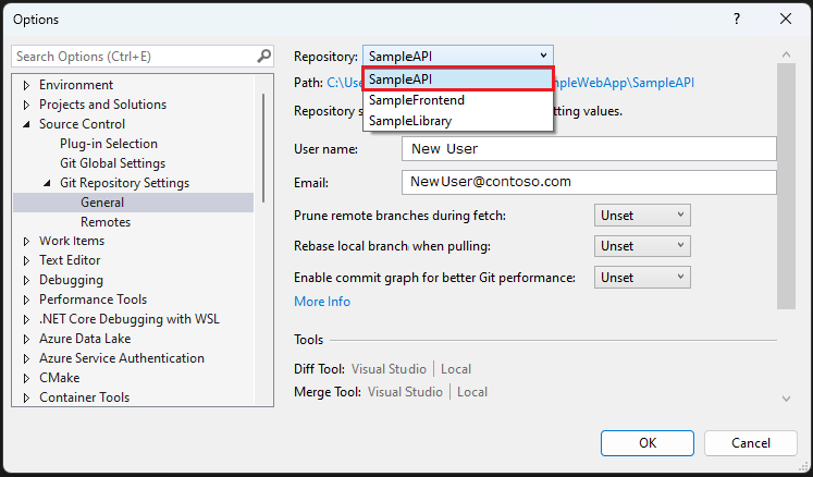 Captura de pantalla de la opción Configuración de repositorios de Git en Visual Studio.