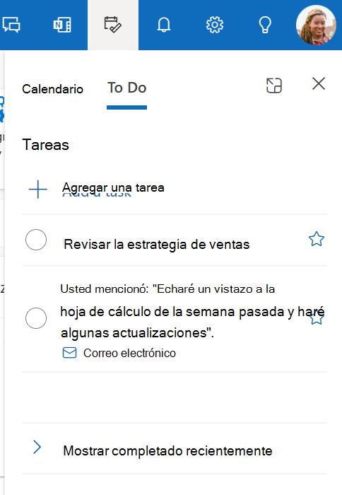 Captura de pantalla de la pestaña Tareas pendientes del panel Mi día en Outlook.