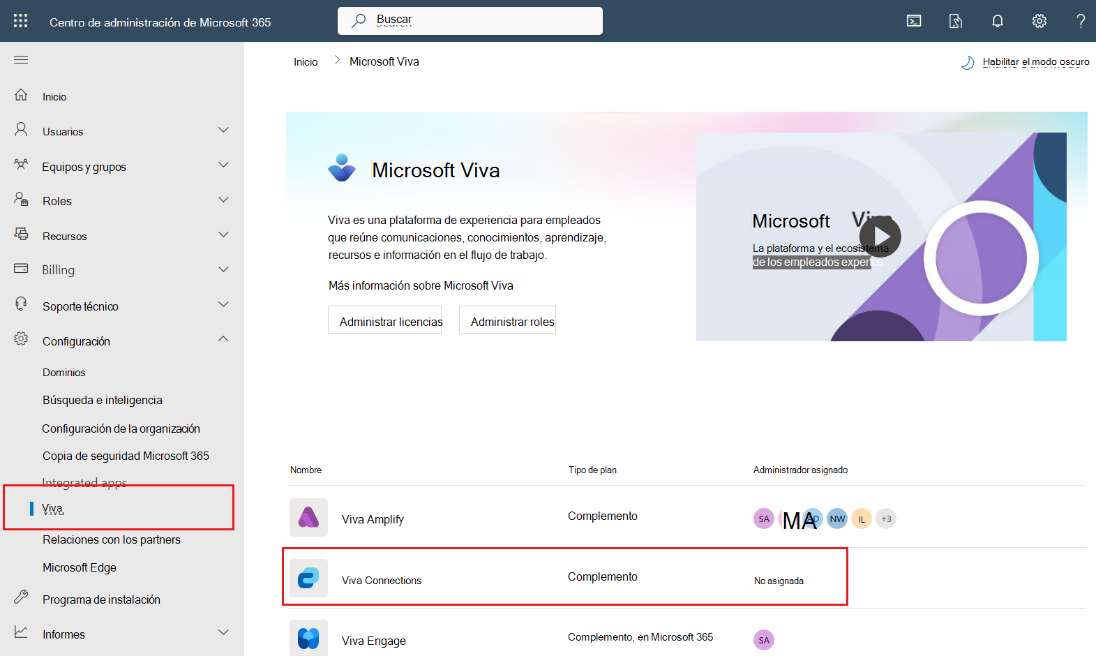 Captura de pantalla que muestra cómo navegar al centro de administración de Microsoft Viva.