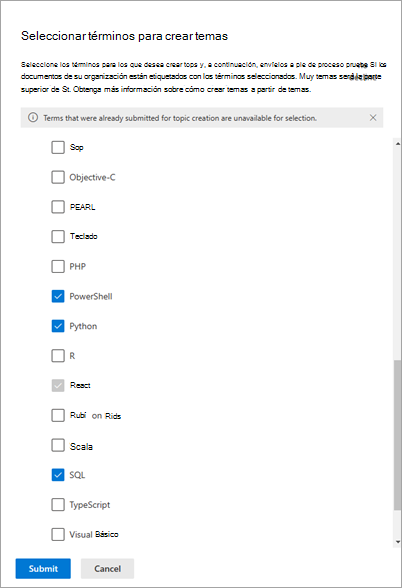 Captura de pantalla que muestra el panel Seleccionar términos para crear temas en el Centro de administración de SharePoint para varios términos.
