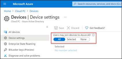 Captura de pantalla de Los usuarios pueden unir dispositivos a Microsoft Entra configuración.