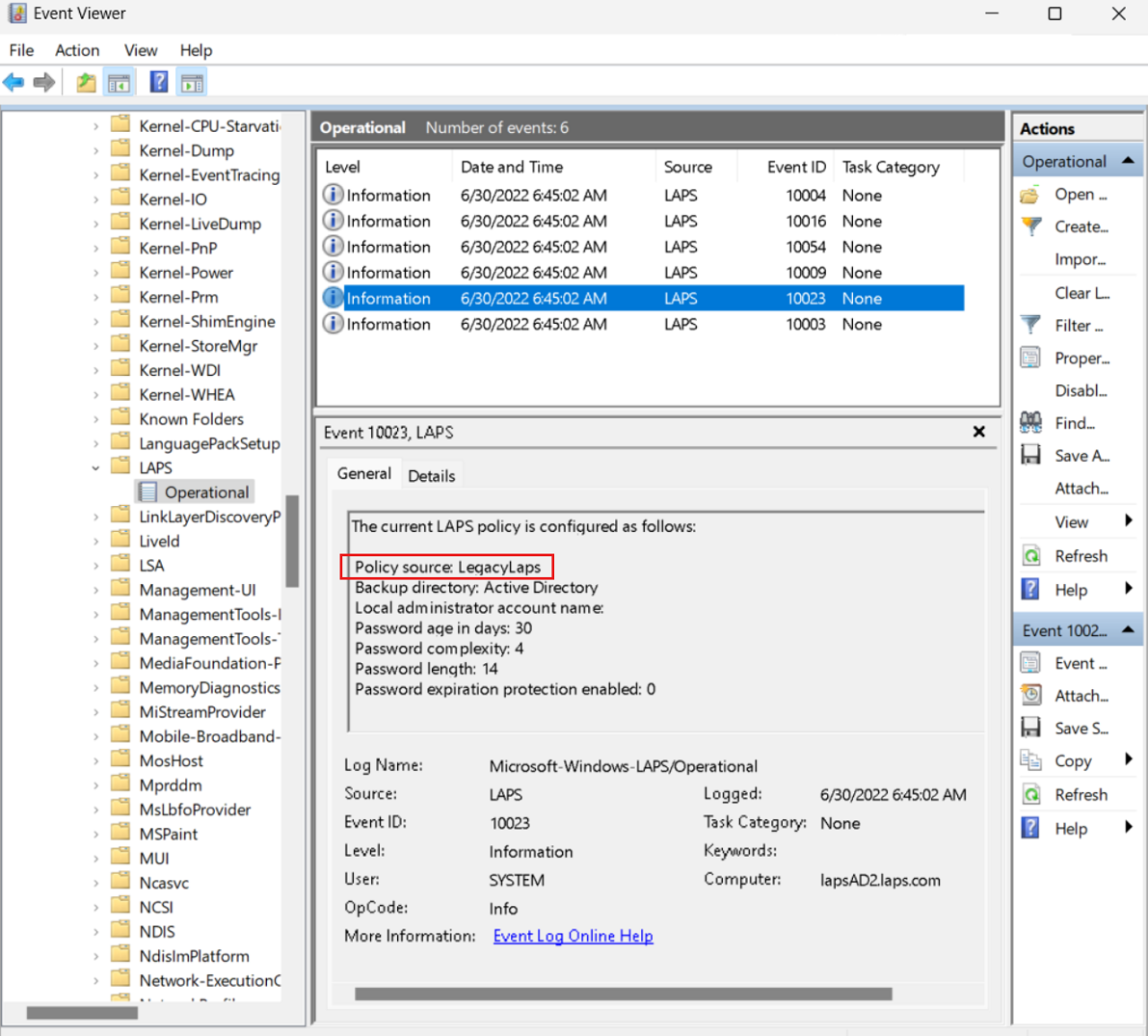 Captura de pantalla del registro de eventos que muestra un mensaje de registro de eventos de configuración de Microsoft LAPS.