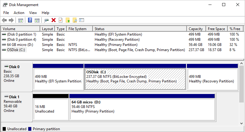 Captura de pantalla que muestra la utilidad Administración de discos en Windows como se describe en el texto.