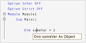 Captura de pantalla que muestra la vista de IntelliSense cuando la opción Infer está desactivada.