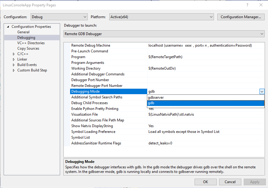 Captura de pantalla del cuadro de diálogo Páginas de propiedades de la aplicación de consola Linux para Visual Studio, con la opción Propiedades de configuración > Depuración seleccionada y Modo de depuración resaltado, con GDB seleccionado y resaltado en la lista desplegable.