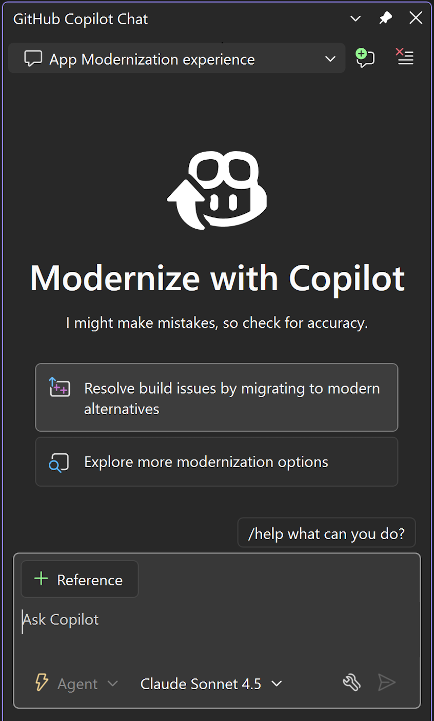 Captura de pantalla de la ventana Chat de Copilot de GitHub. La lista desplegable se establece en Modernización de la experiencia y Resolución de problemas de compilación mediante la migración a alternativas modernas se resalta.