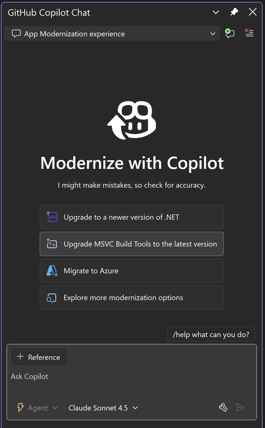 Captura de pantalla de la ventana Chat de Copilot de GitHub. La lista desplegable se establece en Modernize experience (Modernización de la experiencia) y Upgrade MSVC Build Tools (Actualizar herramientas de compilación de MSVC) a la versión más reciente está resaltada.