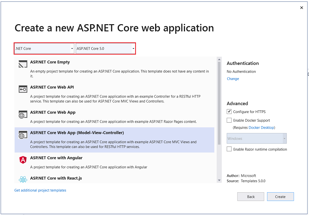 Cuadro de diálogo Nuevo proyecto de ASP.NET&nbsp;Core