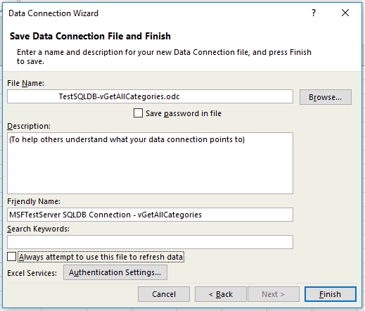 Captura de pantalla de la opción Guardar Conexión de Datos de Microsoft Excel.