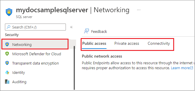 Captura de pantalla de la configuración de firewalls y redes virtuales en Azure Portal para un servidor SQL server lógico.