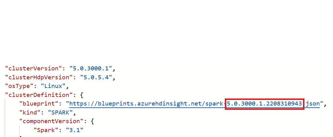 Captura de pantalla que muestra cómo ver la versión de la imagen de HDInsight.