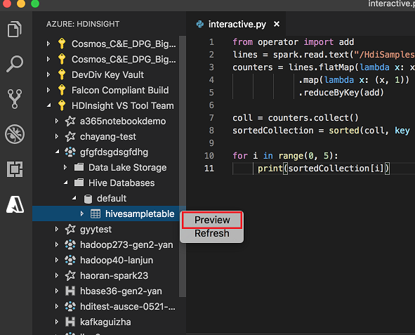 Tabla de Hive con la vista previa de Hive y Spark para Visual&nbsp;Studio Code.