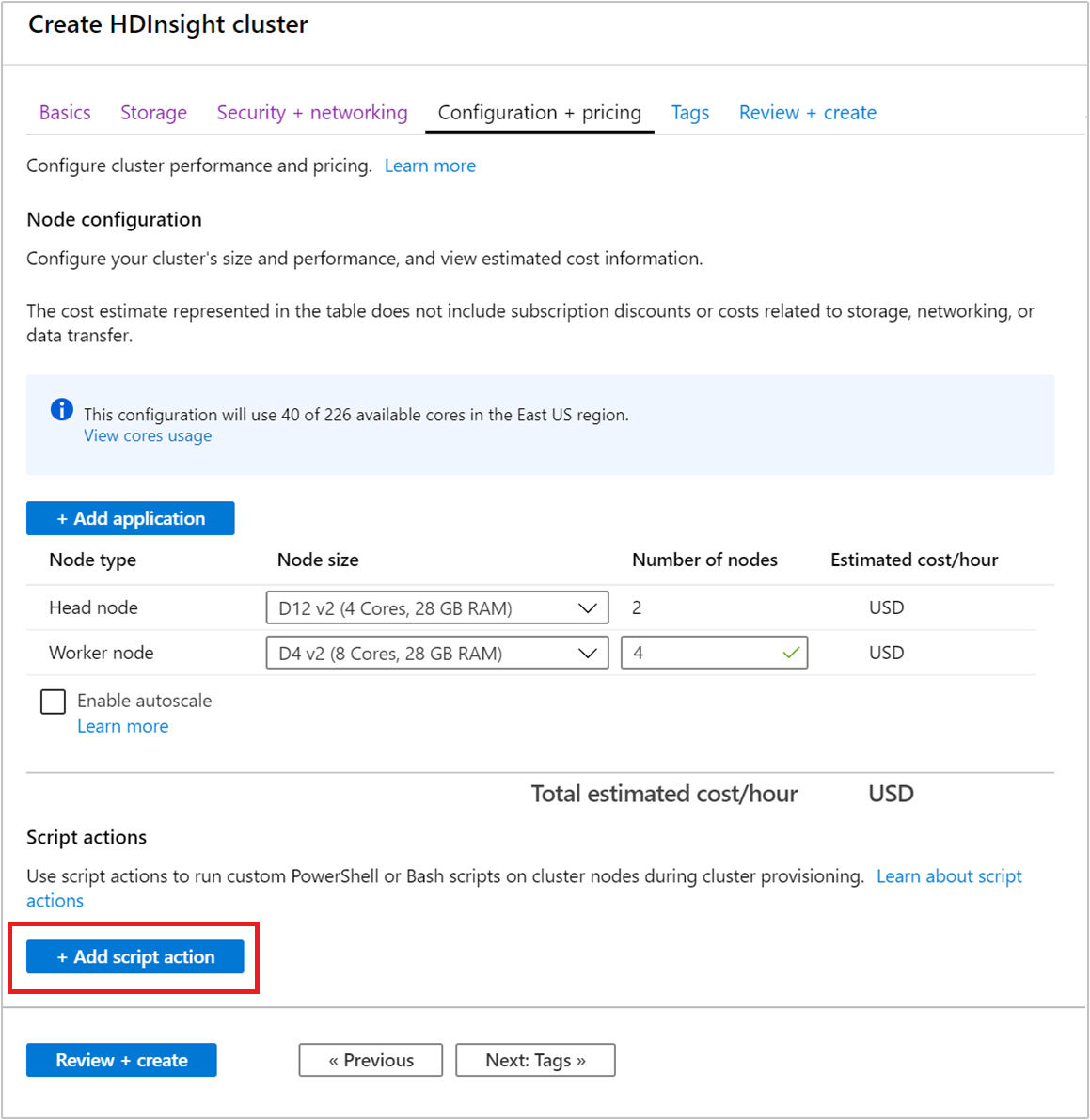 Acción de script de clúster en Azure Portal.