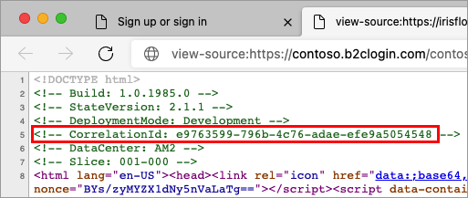 Captura de pantalla del origen de vista de página de inicio de sesión de Azure AD B2C.