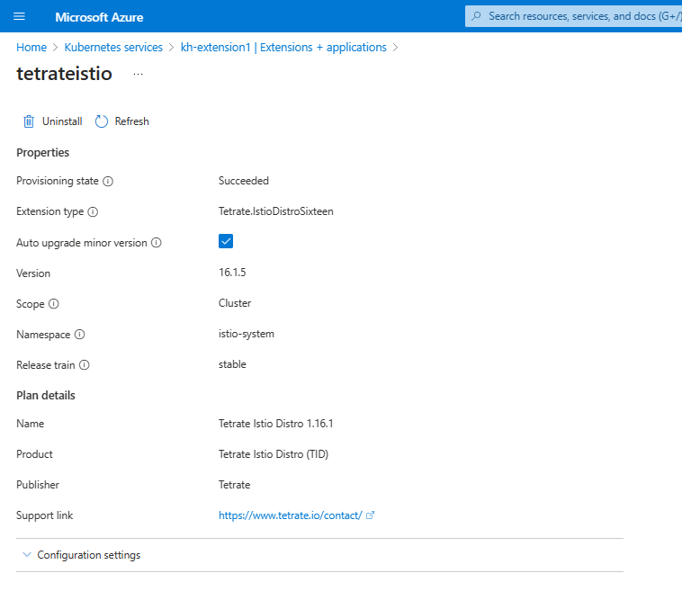 La página de Azure&nbsp;Portal para las propiedades de extensión.