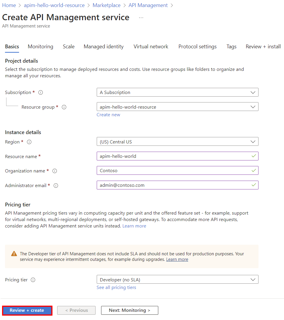 Creación de una instancia de API Management.