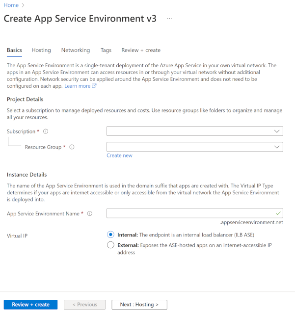 Captura de pantalla que muestra la pestaña aspectos básicos de App Service Environment.