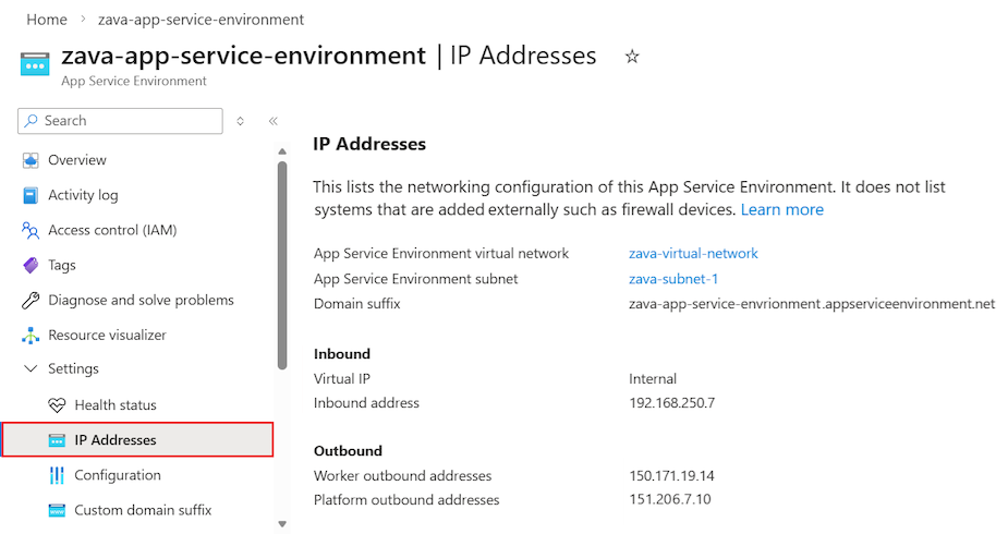 Screenshot que muestra cómo encontrar la dirección IP de entrada del App Service Environment en el portal de Azure.