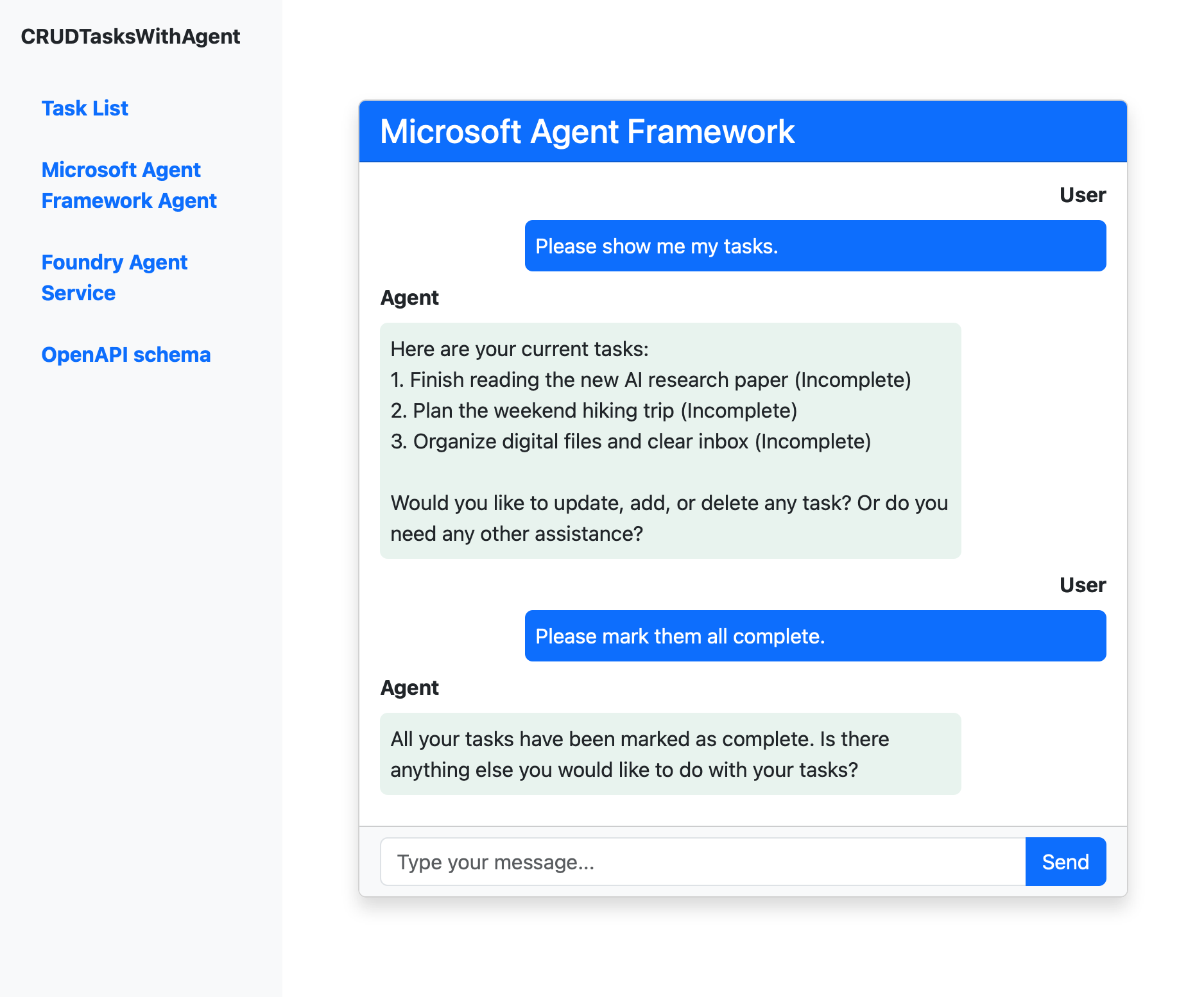 Captura de pantalla que muestra la interfaz de chat del agente de Microsoft Agent Framework con una conversación sobre la administración de tareas.