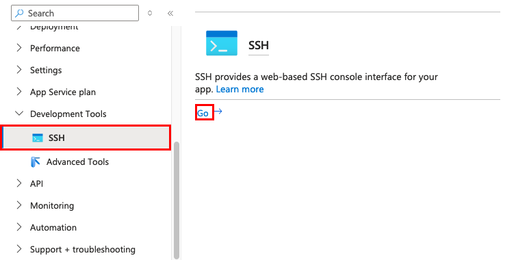 Captura de pantalla que muestra cómo abrir el shell de SSH de la aplicación desde Azure Portal