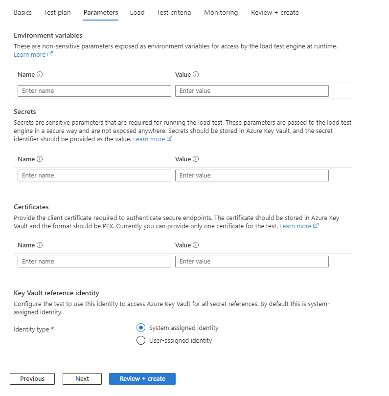 Recorte de pantalla que muestra cómo configurar los parámetros al crear una prueba en Azure Portal.