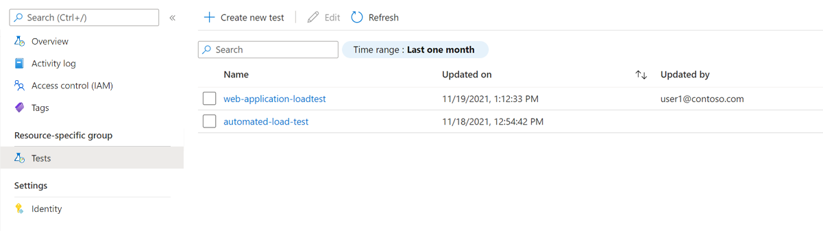 Recorte de pantalla en la que se muestra la lista de pruebas de un recurso de Azure Load Testing.