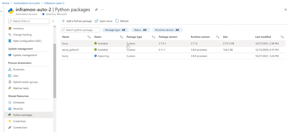 Captura de pantalla que muestra la página Paquetes de Python&nbsp;2.7.x después de importar un paquete.