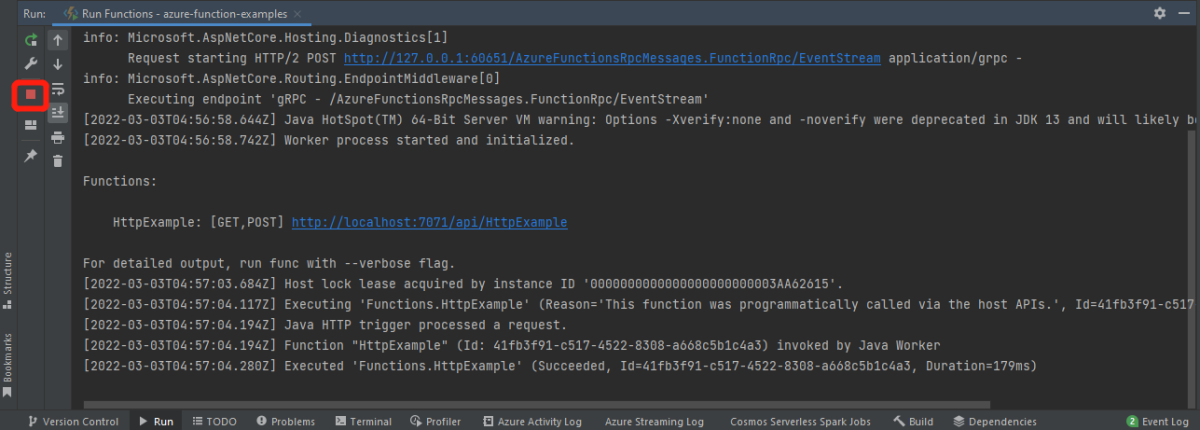 Registro de la prueba de la función de ejecución local.