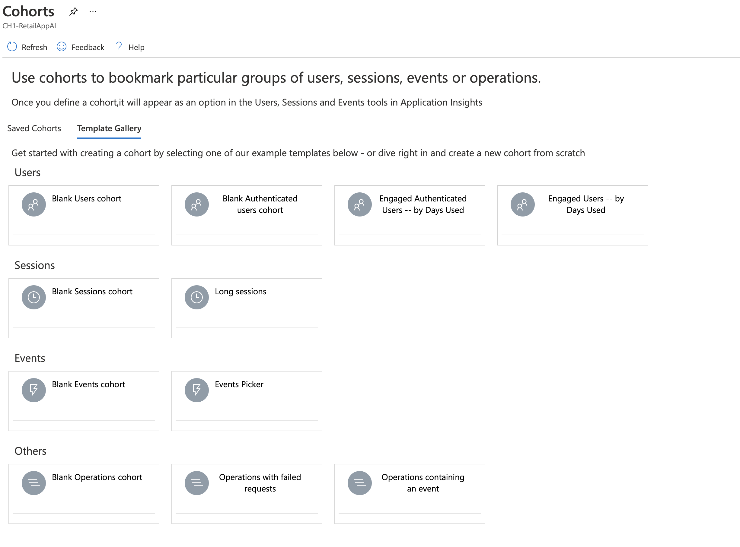 Captura de pantalla que muestra la galería de plantillas para cohortes.
