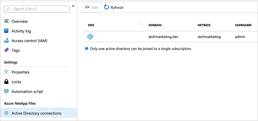 Captura de pantalla del menú de conexiones de Active Directory que muestra una conexión creada con éxito.