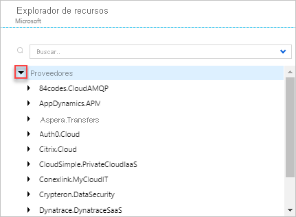 Captura de pantalla de la acción de expandir la sección Proveedores en Azure Resource Explorer.