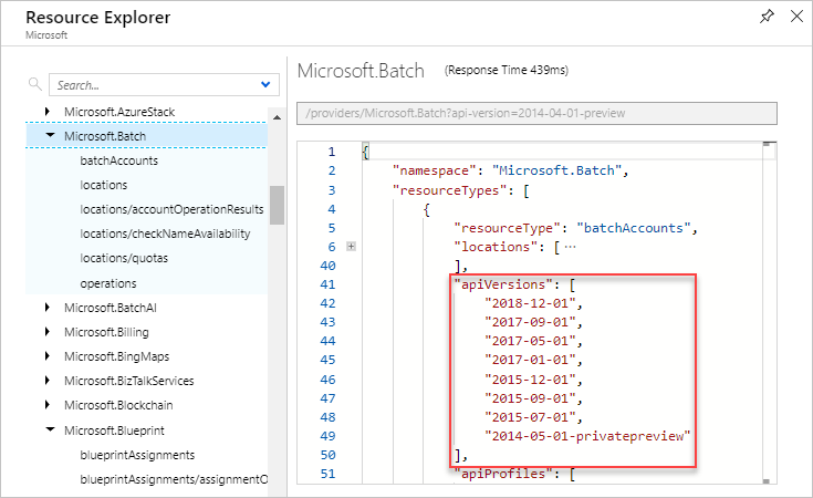 Captura de pantalla que muestra las versiones de API válidas de un tipo de recurso en Azure Resource Explorer.