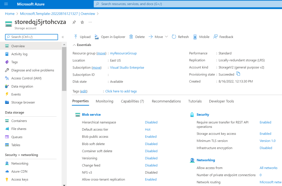 Captura de pantalla de página de implementación de vista con cuenta de almacenamiento en Azure Portal.