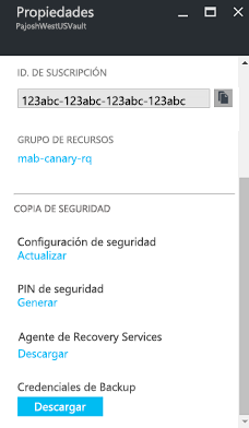 Captura de pantalla de propiedades del almacén de Recovery Services