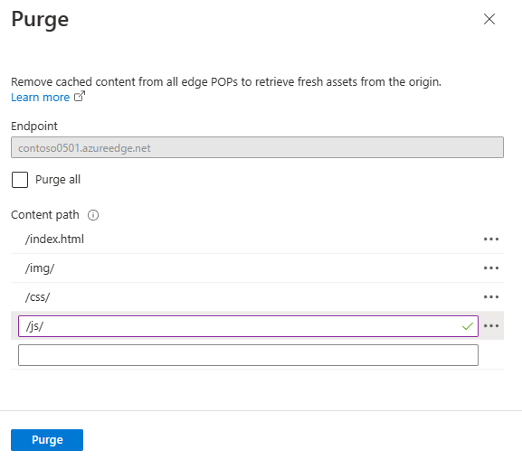 Captura de pantalla de la página de purga en un perfil de Azure Content Delivery Network.